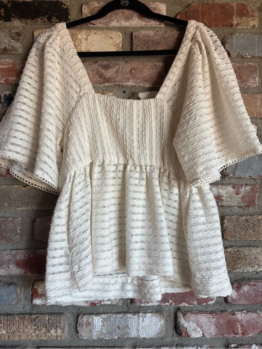 Anthropologie Cream Knit Peplum Top with Lime Crochet Yoke